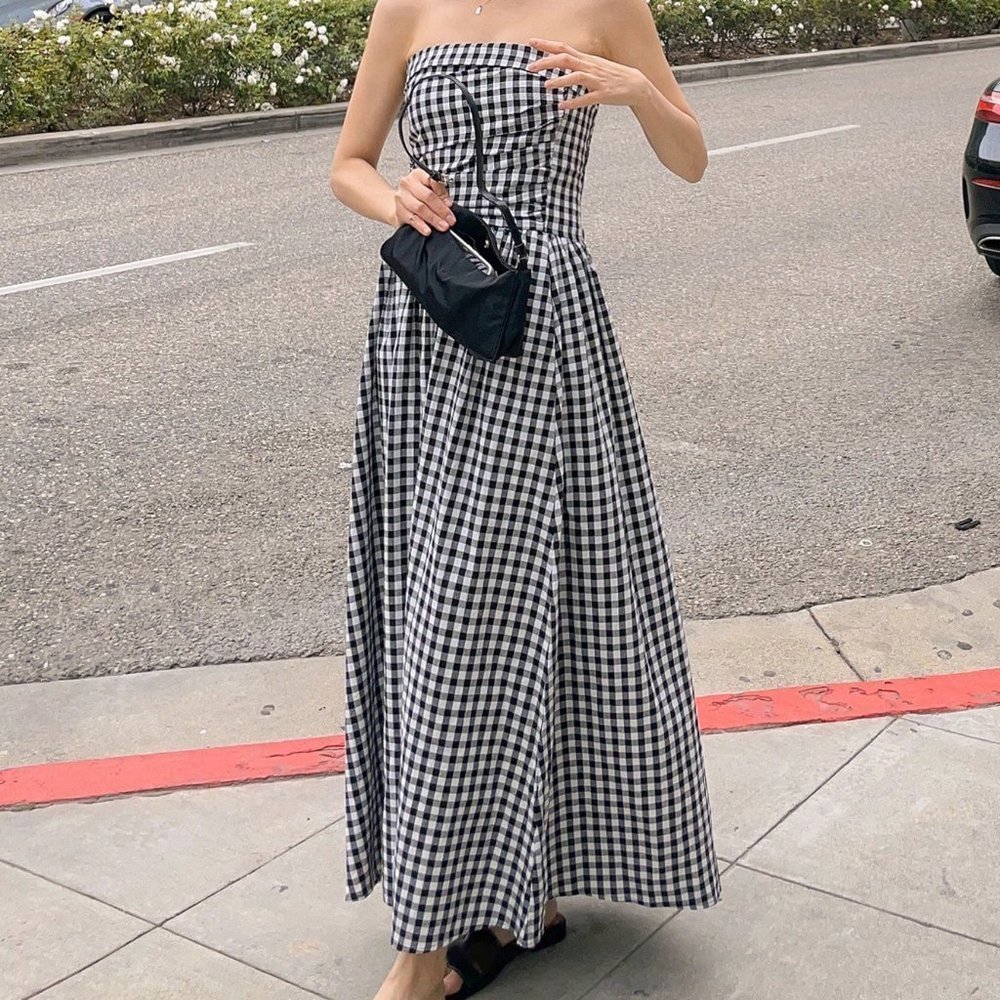 Black & White Preppy Womens Gingham Print Tube Dress - Picture 2 of 5